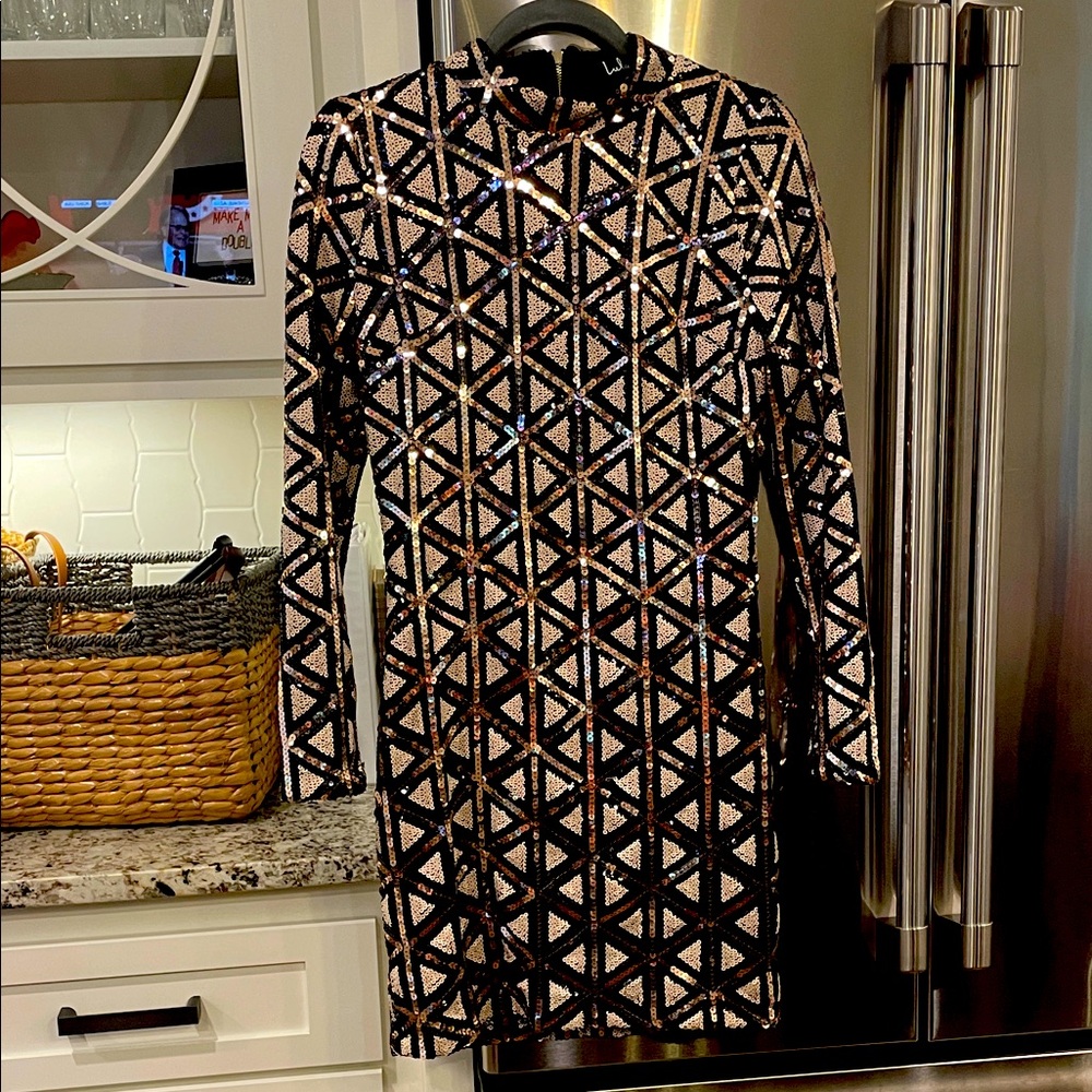 Lulus Vegas Rose Gold/Black/Cream sequin Dress